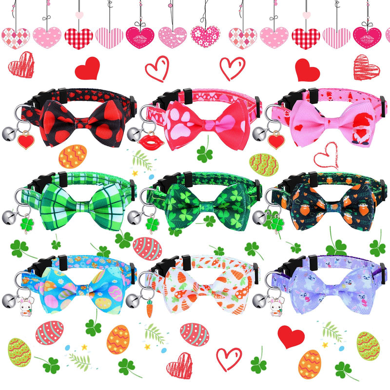 Sadnyy 9 Pcs Valentine's Day Cat Collars Holiday Cat Collars Breakaway St. Patrick's Day Cat Collar with Bow Tie and Bell Adjustable Easter and Safety Buckle Collars for Kitten Puppy Daily(Small) Small - BeesActive Australia