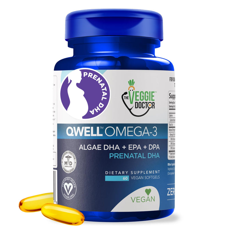 Vegan Prenatal Vitamins with DHA (60 Count) Omega-3 - Qwell Better Than Fish Oil, Brain Function - 820 Mg Algae DHA & EPA, Vegan Prenatal Vitamins with Vitamin E, Carrageenan-Free 60 Count (Pack of 1)