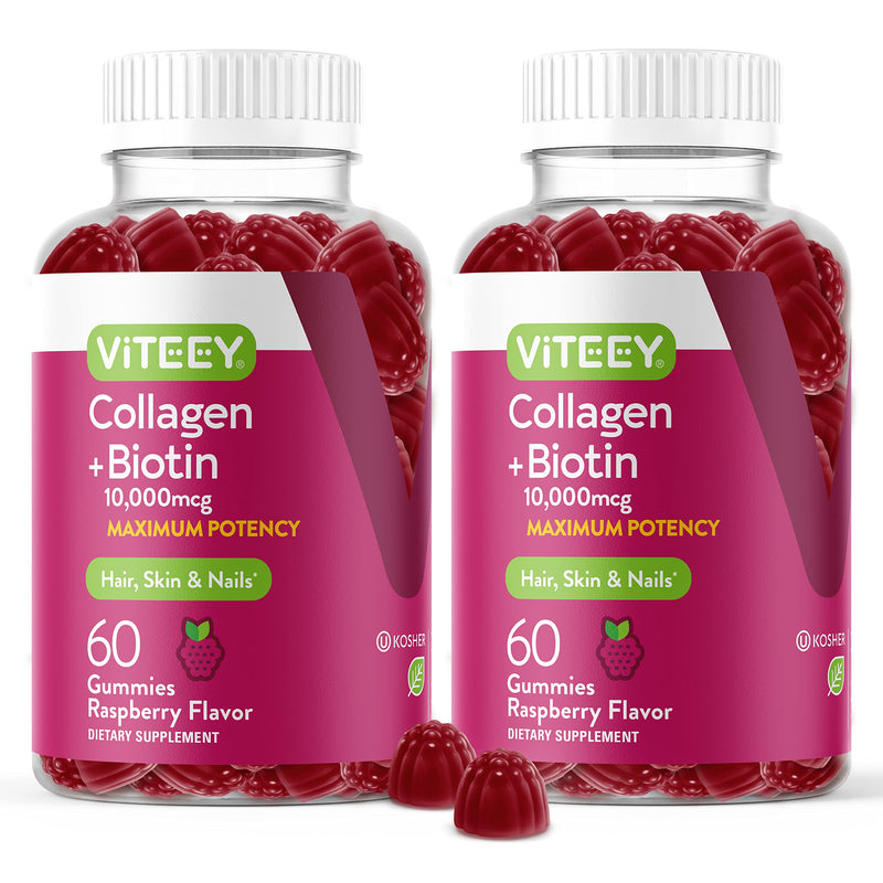 Viteey Collagen Gummies with Biotin Gummies | for Hair Skin and Nails Vitamins - Biotin and Collagen Supplements for Women & Men - Gluten-Free - 120 Count 60 Count (Pack of 2)