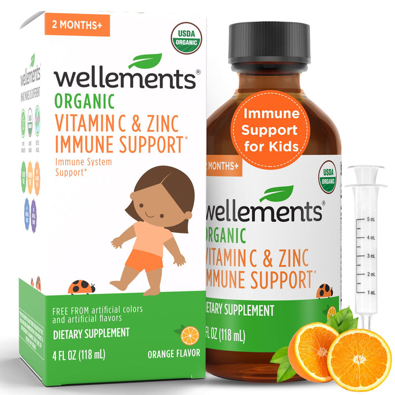 Wellements Organic Kids Immune Support* Syrup Vitamin C & Zinc 2 Months+ | Immune Support* for Kids & Toddlers, Orange Flavor | Free from Dyes, Parabens & Top 9 Most Common Allergens (4 Fl Oz)