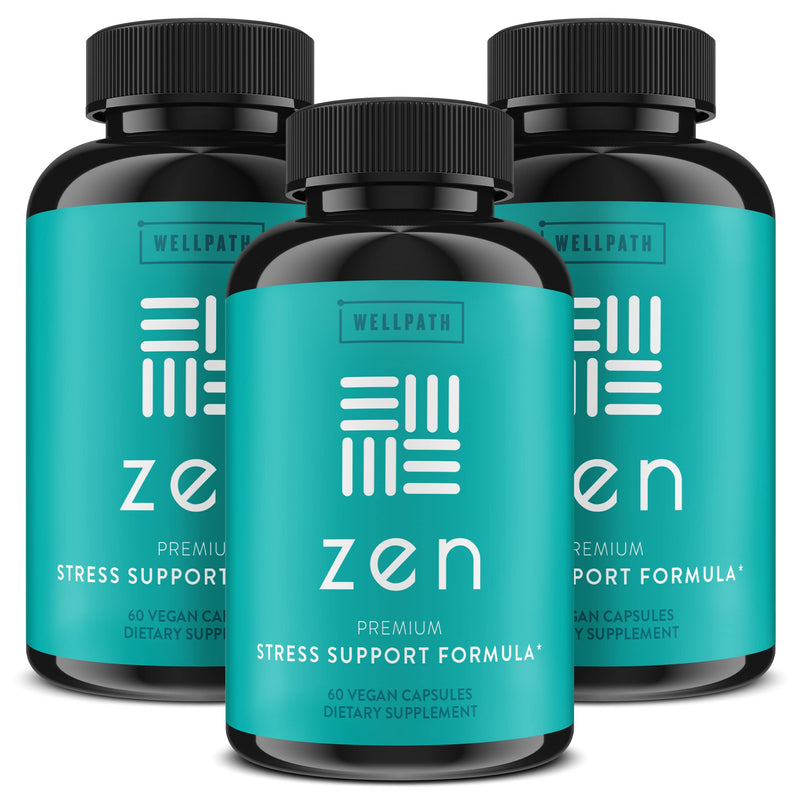 Zen Stress Relief & Mood Support Supplement with Ashwagandha, Vegan, 180 Ct | WellPath - Calm, Stress & Energy Support - with Rhodiola Rosea, L-Theanine, Lemon Balm - Herbal Capsules, USA Made, Non GMO 60 Count (Pack of 3)