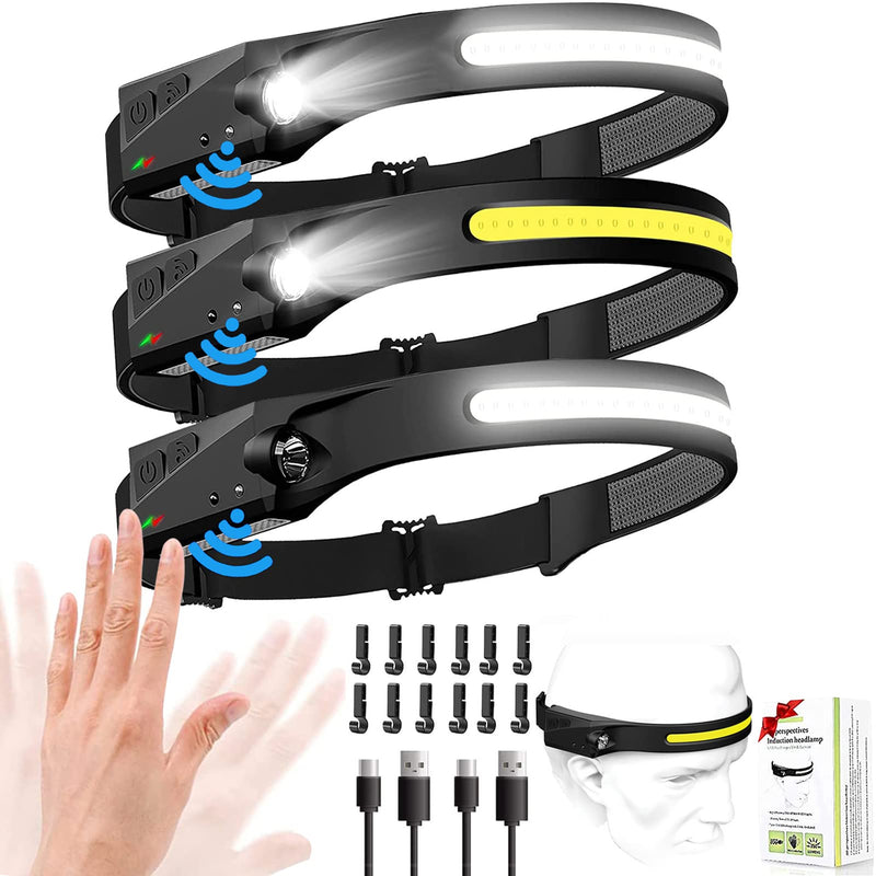 Headlamp Rechargeable, Head Lamps Led Rechargeable with Motion Sensor Headlamps Adults, 9 Mode Head Lights Forehead, Super Bright Hard Hat Light for Running, Hiking, Camping (3PCS Black) 3PCS Black