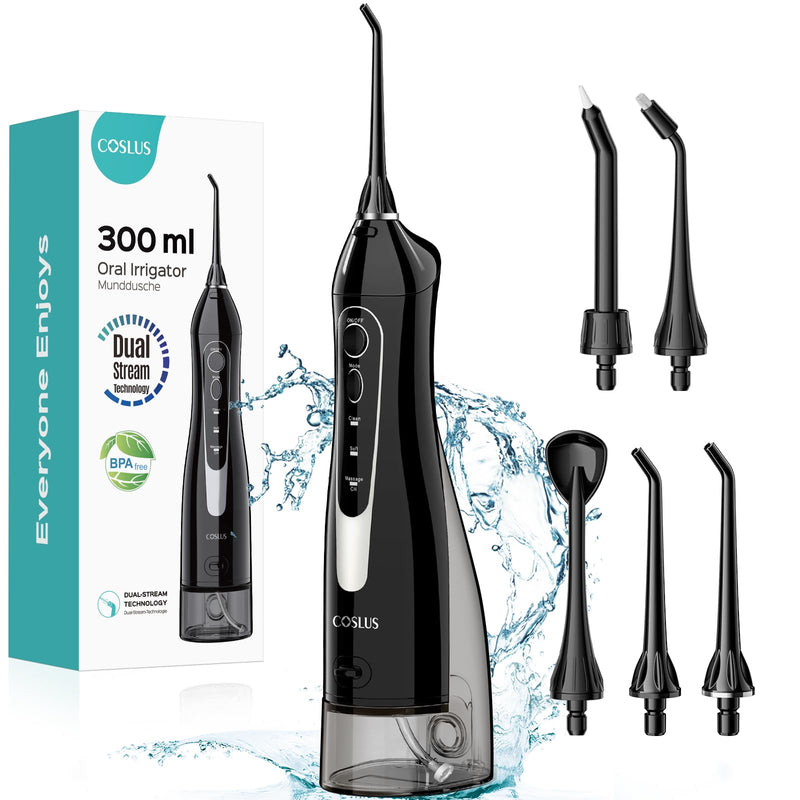 COSLUS Water Dental Flosser Teeth Pick C20(F5020E): Portable Cordless Oral Irrigator 300ML Rechargeable Travel Irrigation Cleaner IPX7 Waterproof Electric Flossing Machine for Teeth Cleaning Black