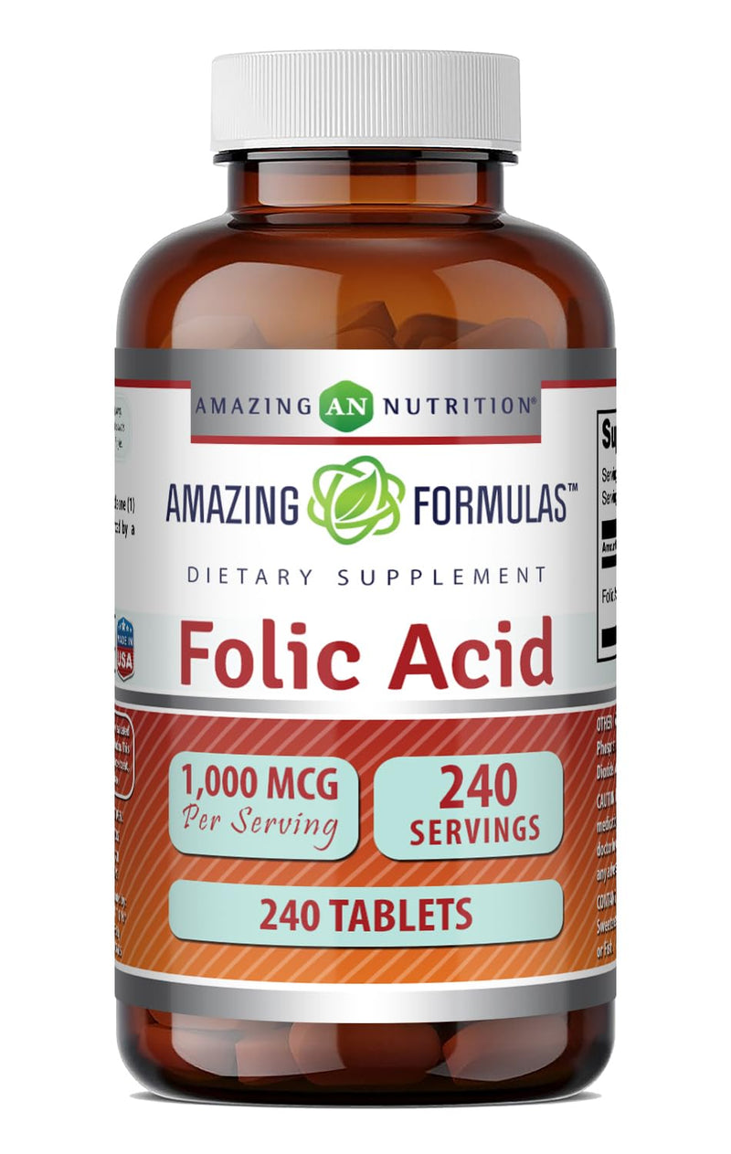 Amazing Formulas Folic Acid 1000 Mcg (1 Mg) | 240 Tablets Supplement | Vitamin B9 | Non-GMO | Gluten Free | Made in USA Unflavored - 240 Count