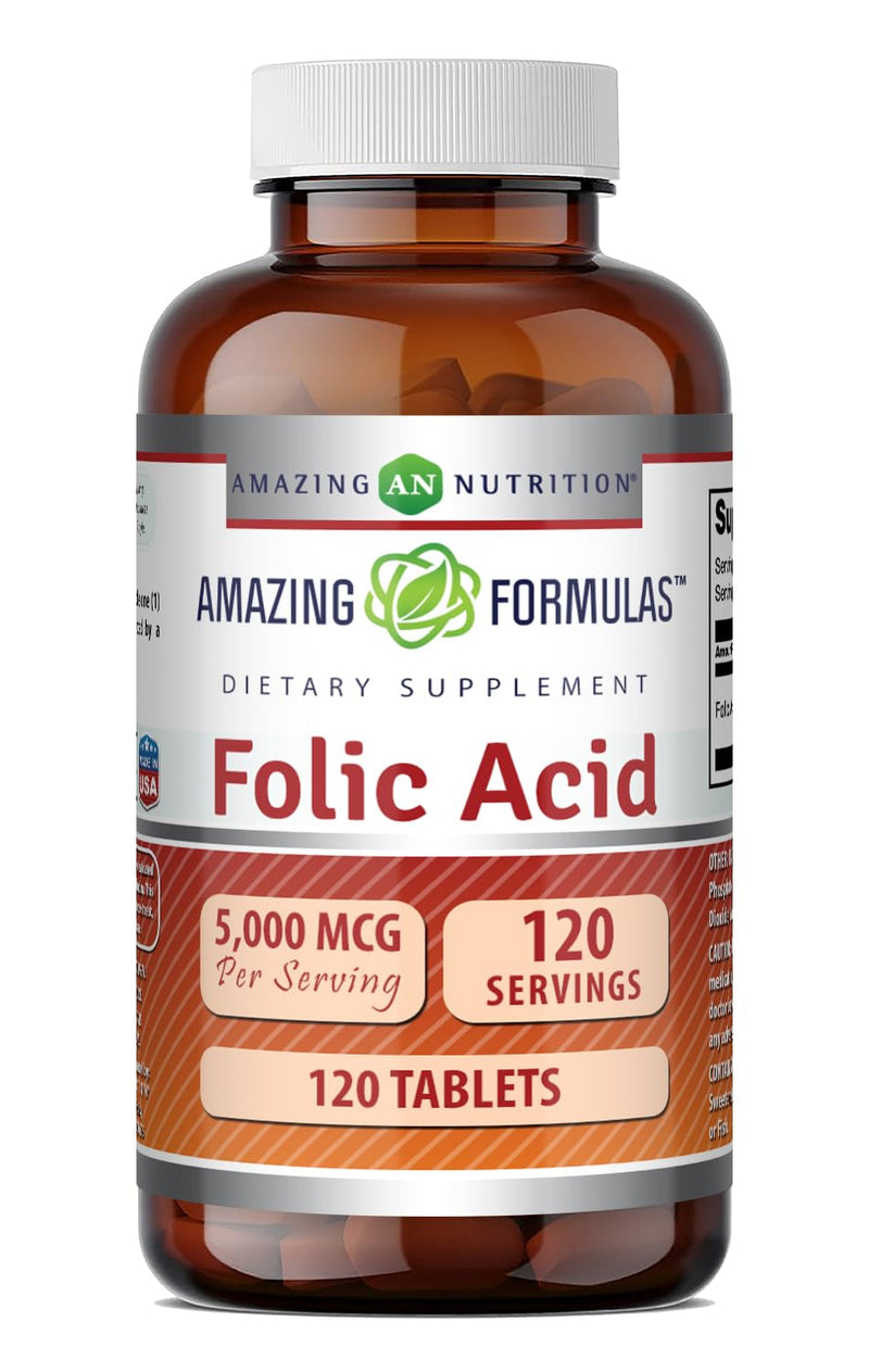 Amazing Formulas Folic Acid 5000 Mcg per Serving | Tablets Supplement | Non-GMO | Gluten-Free | Made in USA (1 Pack | 120 Count) 1 Pack | 120 Count