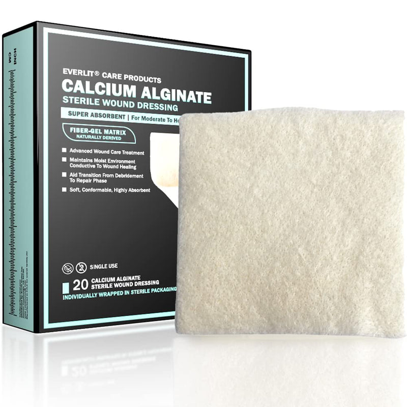 EVERLIT Calcium Alginate Wound Dressing | Gentle, Non-Stick Sterile Dressing Pad | Soft and Highly Absorbent Bandage with Soothing Gel Matrix (Pack of 20) Pack of 20