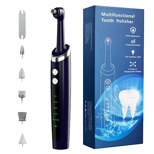 Tooth Polisher Electric Professional with USB Rechargeable, Tooth Polisher 5 Replacement Heads, IPX6 Waterproof for Adults &Kids Blue