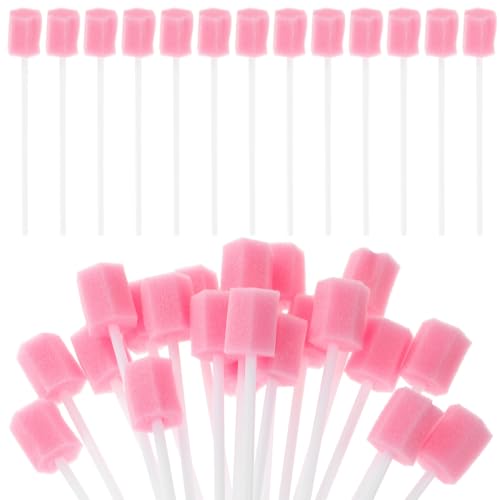 Healifty 200Pcs Disposable Oral Swabs Sponge, Unflavored Mouth Cleaning Tooth, Foam Toothbrush Swabsticks for Elderly Bedridden Care & Baby Tongue Cleaner Pink 200Pcs Pink