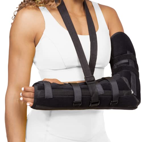 BraceAbility Posterior Long Arm Splint - Elbow Immobilizer Right or Left Forearm Brace with Sling for Fractures, Post-Surgery Recovery, Tendonitis, Bursitis, and Ulnar Nerve Entrapment Relief (S) Small