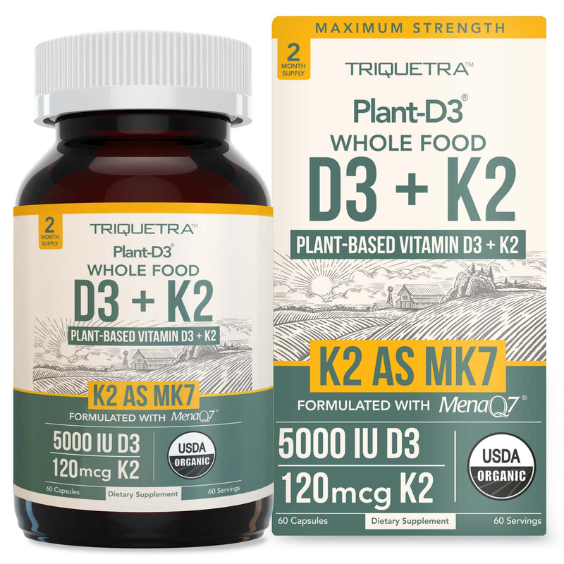 Organic Plant D3 + K2 | 5000 iu D3 + 120 mcg K2 as All-Trans MK7 from MenaQ7® - 100% Whole Food, Raw & Vegan | Enhanced Digestion with Prebiotic & Superfood Complex – D3 from Organic Algae (60 Count) 60 Count (Pack of 1) - BeesActive Australia