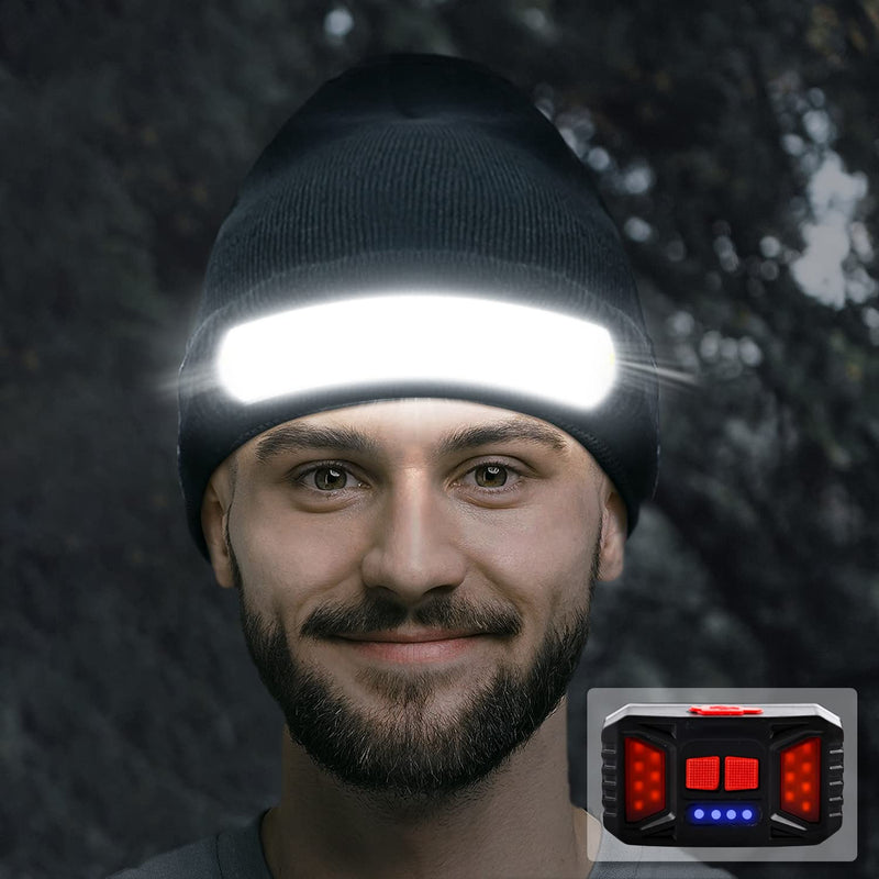 Rechargeable Headlamp Beanie, 1200Lumens LED Beanie Hat with Wide Beam Light Built-in, 6 Modes, Lightweight, Winter Headlight Head Lamp Beanie, Gifts for Men Dad Father Husband(Black) Black