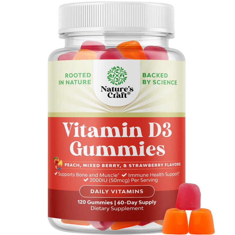 Natures Craft Vitamin D3 Gummies for Daily Wellness - Delicious Vitamin D Gummies for Adults with D3 2000IU per Serving Bone Muscle & Immune Support - Non-GMO Gelatin & Gluten Free - 120 Count 120 Count (Pack of 1)
