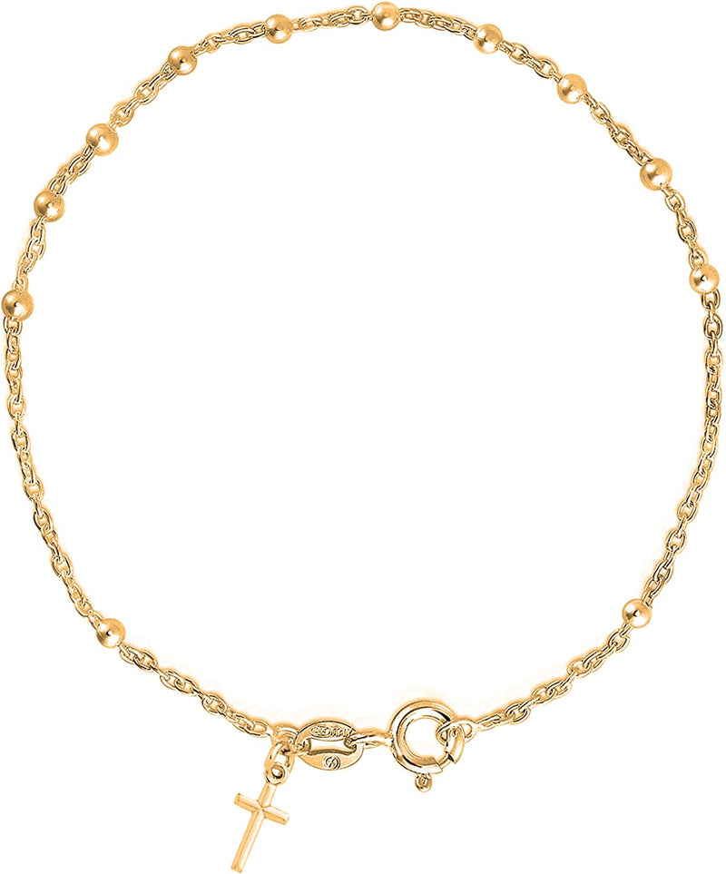 Savlano 925 Sterling Silver Italian Rosary Solid Bead Chain Cross Pendant - 18K Gold Plated 7 Inches Bracelet Comes With Gift Box for Women - Made in Italy 3MM - BeesActive Australia