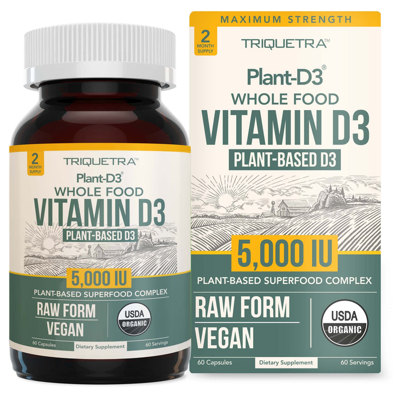 Organic Vitamin D3 5,000 IU - 100% Whole Food & Plant-Based Cholecalciferol Form, 100% Vegan Vitamin D - Enhanced with Prebiotic & Superfood Complex – Organic, Vegan, GMO & Gluten Free (60 Capsules) 60 Count (Pack of 1)