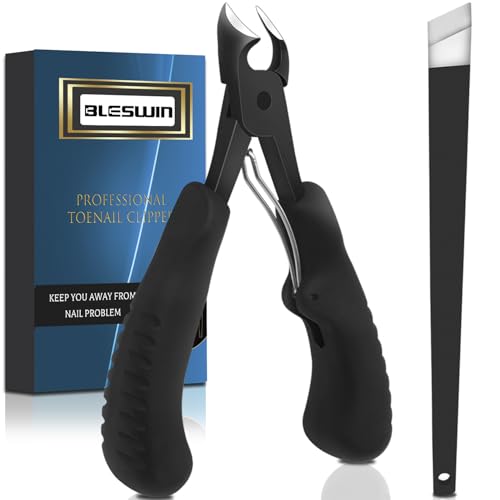 BLESWIN Podiatrist Toenail Clippers Professional, Super Sharp Toe Nail Clippers for Thick Toenail for Seniors or Ingrown Nail, Heavy Duty Toe Nail Nipper with Pedicure Knife 2pcs Black