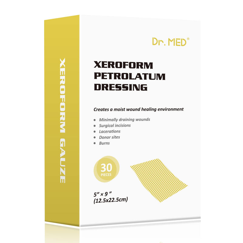 Dr.Med Xeroform Petrolatum Dressing Patch, 5"x9"-30 Pcs/Box, Non-Adherent Gauze Dressings, for Minor or Partial Thickness Burns, Lacerations, Skin Graft Recipient Sites, Newly Sutured Wounds 5"x9" (30 Pcs/Box) - BeesActive Australia