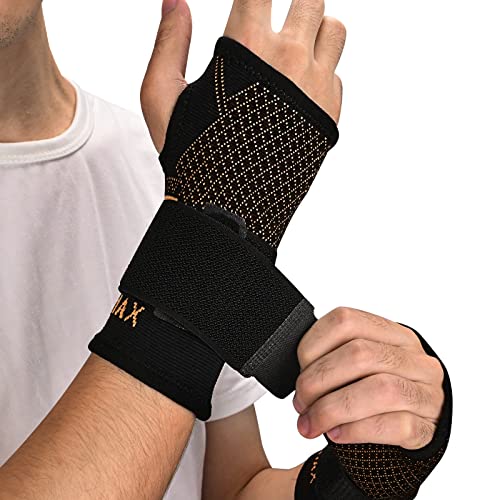 INDEEMAX Copper Wrist Compression Sleeve 1 Pair, Comfortable Hand Brace Support with Strap for Arthritis, Tendonitis, Sprains, Workout, Carpal Tunnel - Left & Right - Women and Men L Black New