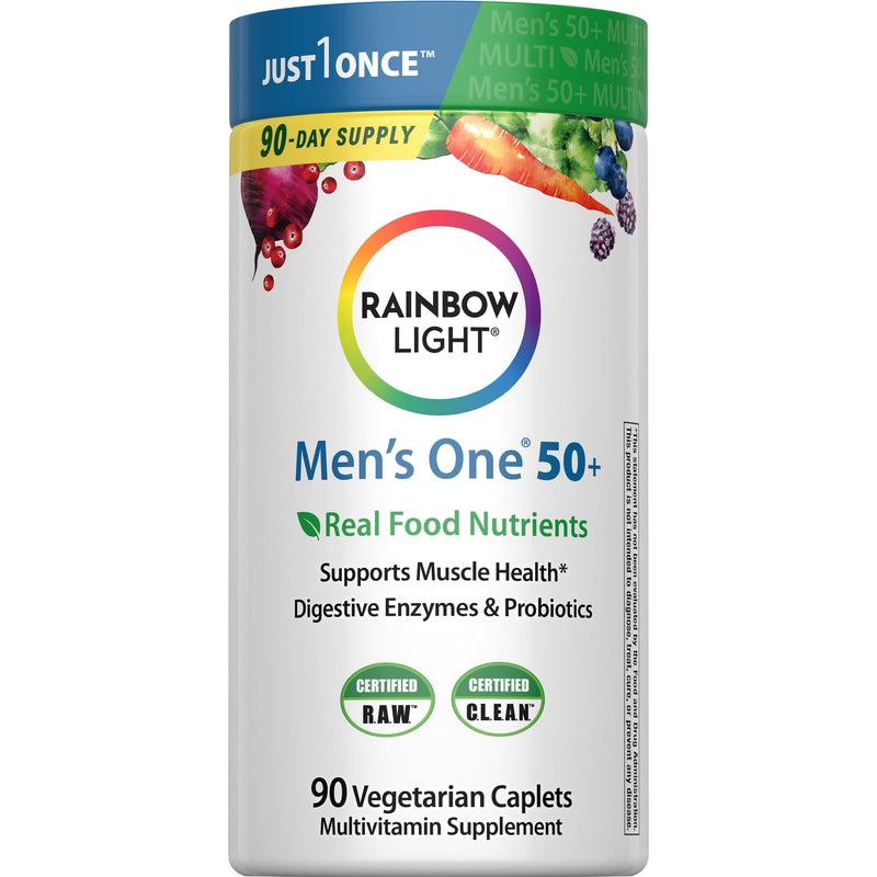 Rainbow Light Mens Multivitamin One + for 50 Plus | 90 Caplets | Supports Muscle Health | with Vitamins C, D, and Zinc | Real Food Nutrients, Digestive Enzymes & Probiotics 90 Count (Pack of 1)