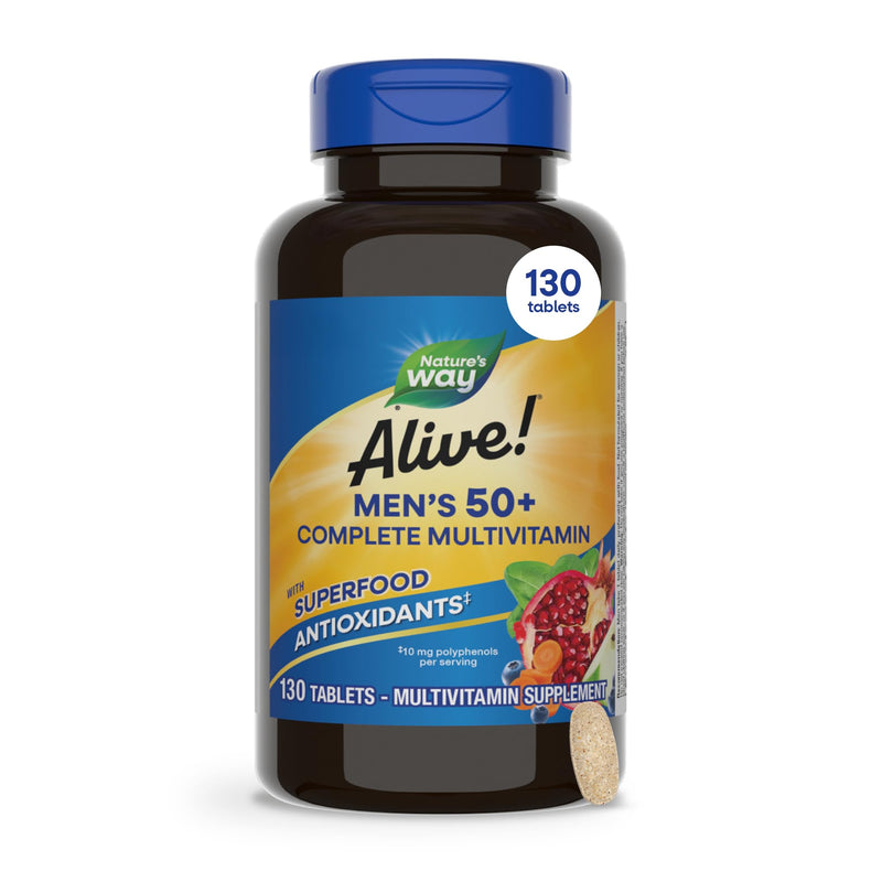 Nature's Way Alive! Men’s 50 Plus Multivitamin Complete Tablets, 130 ct | Daily Multivitamin for Men Over 50, Supports Cellular Energy Metabolism, Heart, Muscle & Eye Health*, High Potency Vitamins 130 Count (Pack of 1)