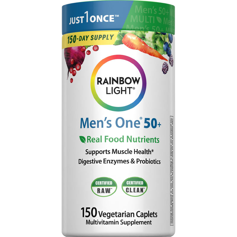 Rainbow Light Mens Multivitamin One + for 50 Plus | 150 Caplets | Supports Muscle Health | with Vitamins C, D, and Zinc | Real Food Nutrients, Digestive Enzymes & Probiotics 150 Count (Pack of 1)