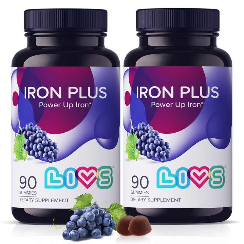 LIVS Iron Plus Gummies – 20mg Gentle Iron Supplement for Women & Men – Anemia Support – Vitamin C for Absorption – Biotin, Folate & B12 for Energy – Gluten Free, Vegan, Halal & Kosher – 180 Count Adults - Iron Plus 90 Count (Pack of 2)