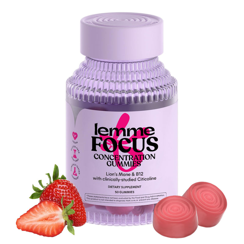 Lemme Focus Concentration & Brain Health Gummies with Cognizin Citicoline, Lion's Mane Mushroom, Vitamin B12 to Support Focus + Concentration - Gluten Free, Caffeine Free, Strawberry (50 Count) - BeesActive Australia