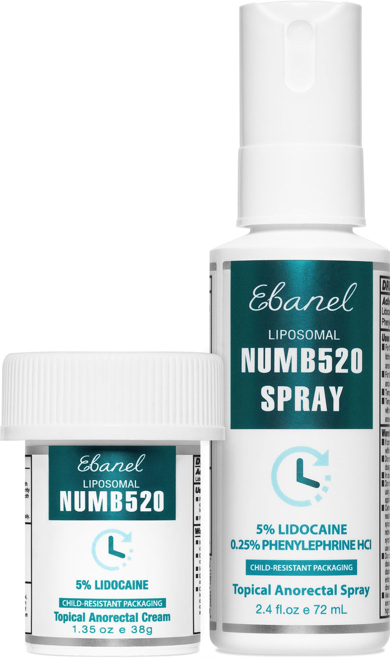 Ebanel Set of 5% Lidocaine Numbing Cream and 5% Lidocaine Spray Pain Relief Numbing Spray for Skin, Maximum Strength Topical Anesthetic to Numb Pain Burn Itch for Local and Anorectal Uses Numb520 & Spray