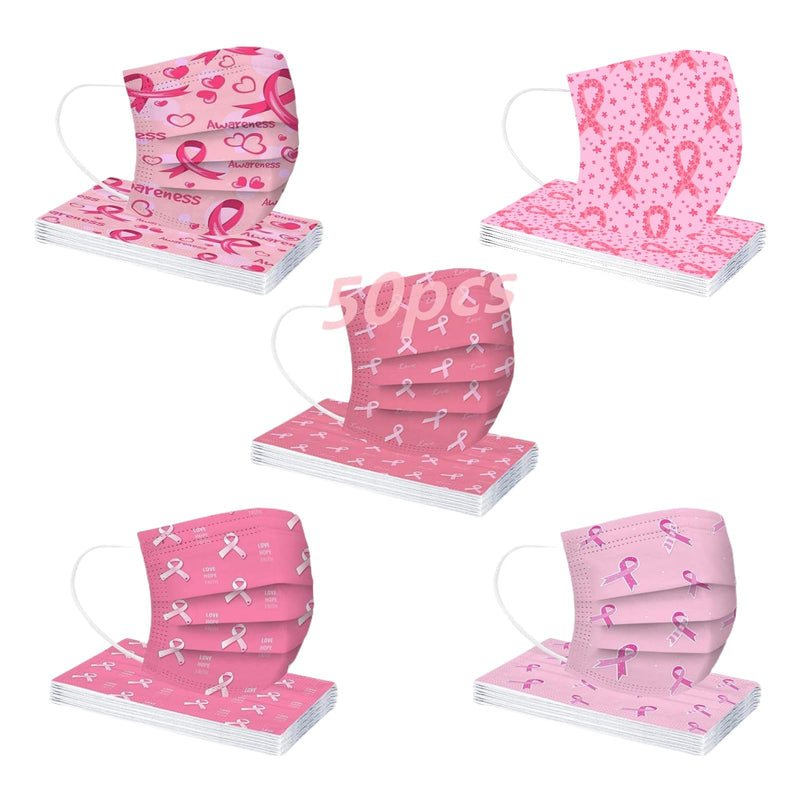 50 Pack Pink Ribbon Disposable Face Mask - Commemorative Breast Cancer Awareness Masks for October Love Your Breast Day Events & Charity Walks