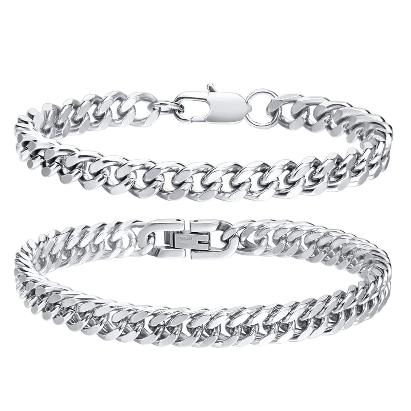 VNOX 2 Pcs Chain Bracelet for Men Women - Sturdy Stainless Steel Curb Width Cuban Link Chain Bracelet Set for Men Women,6.5/7/7.4/8.2/9 Inches 7.48 Inches 2Pcs-Silver Cuban Link - BeesActive Australia