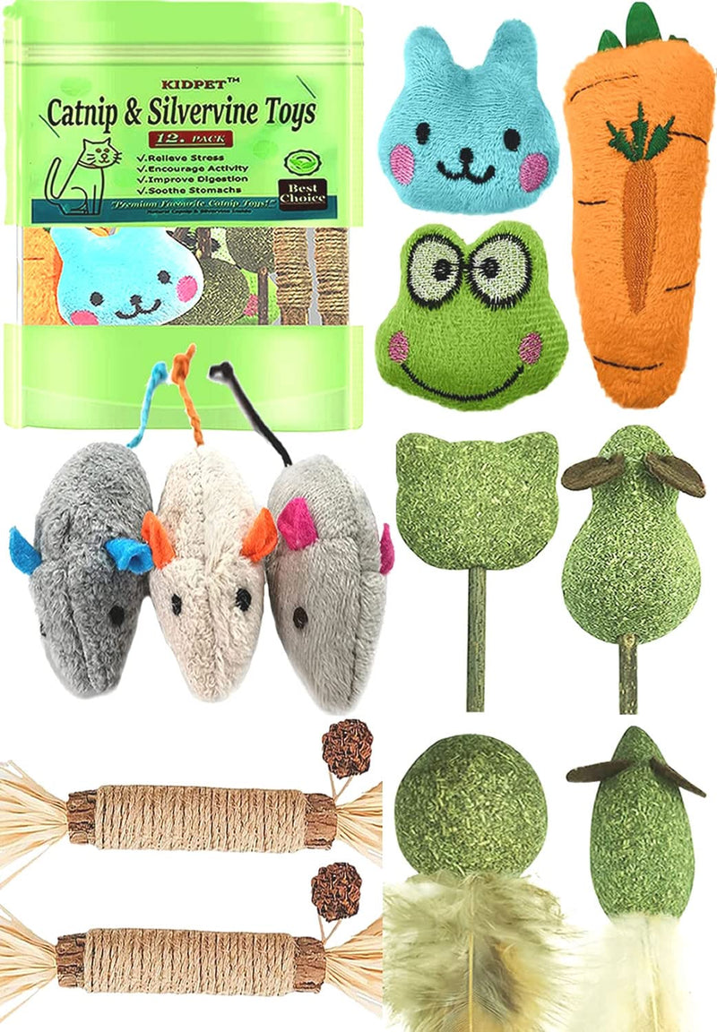 12 Pack Catnip Toys for Cats, Silvervine Sticks, Catnip Balls, Cat Nip Mice, Kicker Toys, Silver Vine Organic Chew Toys, Kitten Teething Toy,Interactive Enrichment Plush Mouse Feather for Indoor Cats GREEN - BeesActive Australia