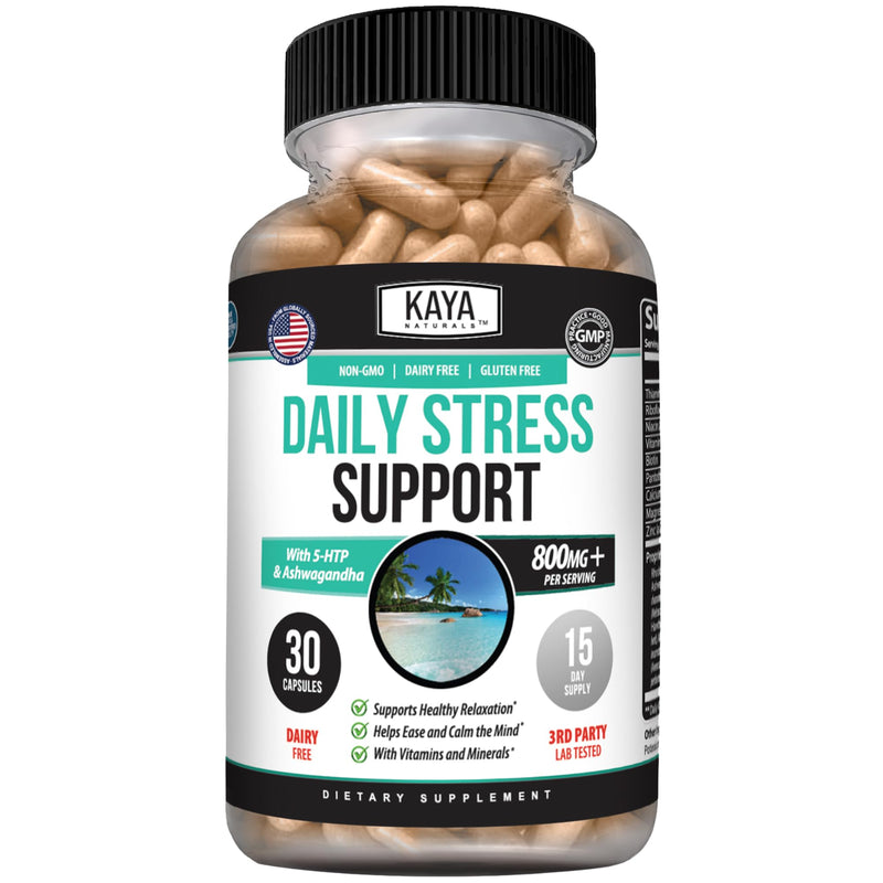 Kaya Naturals - Natural Herbal Stress Relief Support Vitamin Supplement to Relax and Calm the Mind - Boost Mood - Happy Pills - Anxiousness Support - 30 Capsules 30 Count (Pack of 1)