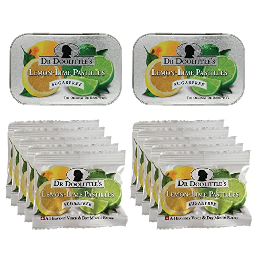 Dr Doolittle's Sugar Free Soft Fruit Pastilles for Voice and Throat, Lemon Lime Flavor, Multipack of 2.12 Ounce Tin, 2 Pack and .33 Ounce Travel Size Bag, 10 Pack