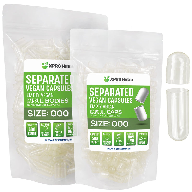 XPRS Nutra Vegan Size 000 Separated Capsules- 500 Count Premium Empty Caps Separated in Bags - Clear Empty Capsules - 000 Pills for DIY Supplement Filling 500 Count (Pack of 1)