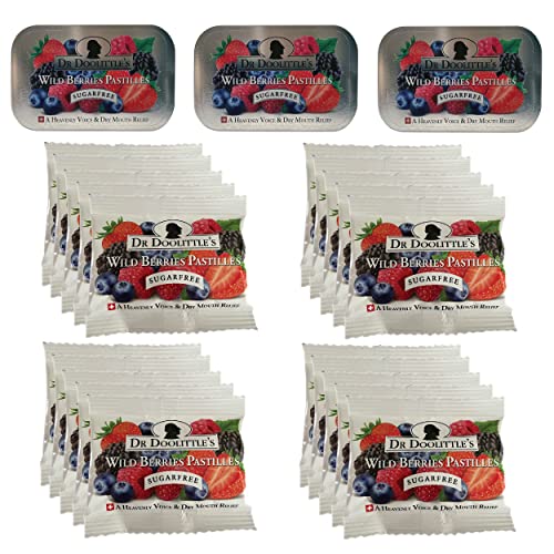 doolittle Dr Sugar Free Soft Fruit Pastilles for Voice and Throat, Wild Berries Flavor, Multipack of 2.12 Ounce Tin, 3 Pack and .33 Ounce Travel Size Bag, 20 Pack