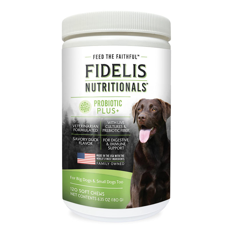 FIDELIS Probiotic Plus+ Pet Probiotics for Dogs, Digestive Gut Health, Yeast, Itchy Skin/Ears, Paw Licking, Safe Dog Treat Supplement for Pets, Adult, Big & Small, Made in USA, Duck Flavor, 120 Chews Probiotic Plus+ 120 Soft Chews - PawsPlanet Australia