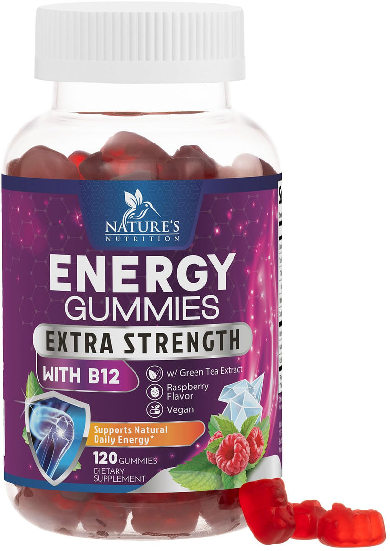 Energy Gummies - Vitamin B12 1000 mcg Per Serving - Daily Energy Chews with Natural Caffeine from Green Tea, Berry Flavored B12 Gummy Exercise Supplement for Running Cycling & Sports - 120 Gummies 120 Count (Pack of 1)