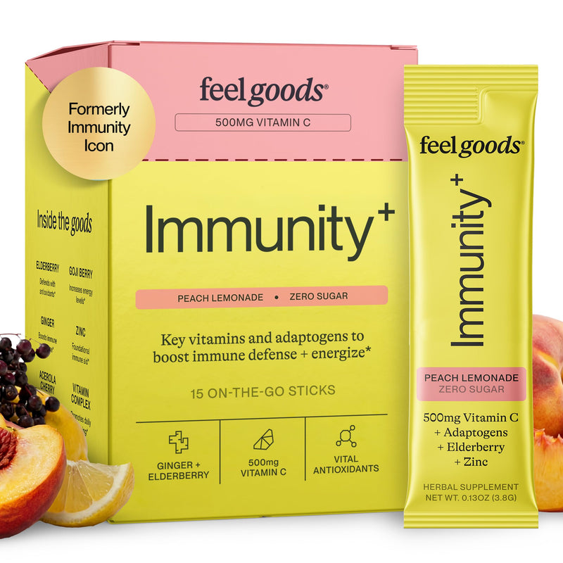 Feel Goods Immunity Icon, Vitamin C Immune Support Powder Packets, 15 Count | Immunity Plus, 500mg Vitamin C, Elderberry, Ginger, Turmeric, Vitamins for Immune Health, Sugar-Free, Caffeine-Free Drink Mix 15 Servings (Pack of 15) Peach Lemonade