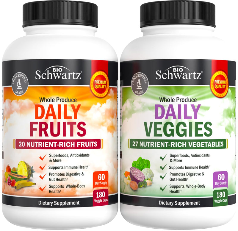 Daily Fruits and Vegetables Supplement - Super Fruit and Veggies Capsules | Supports Energy Gut Health and Immune Support with 47 Whole Food Fruits and Veggies - 180 Veggie Capsules (2-Pack) 180 Count (Pack of 2)