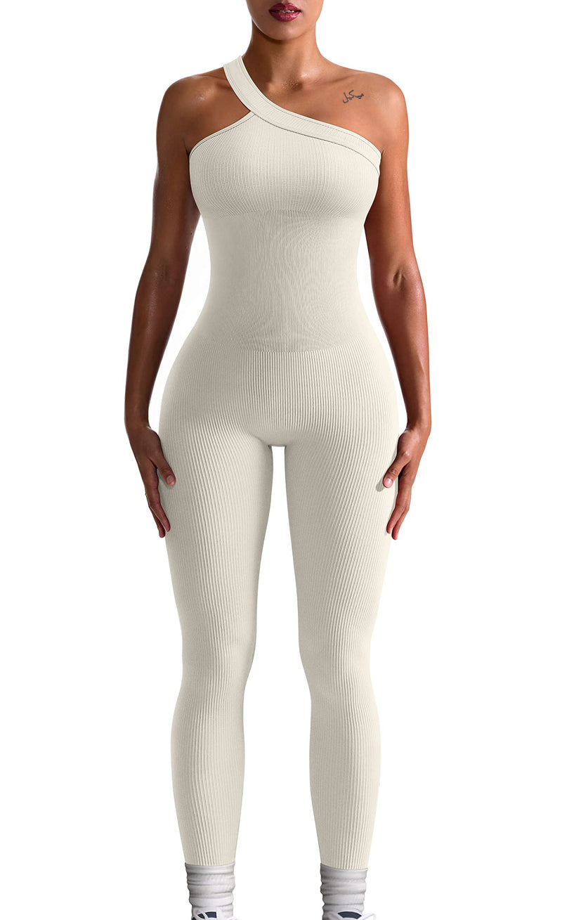 OQQ Women Yoga Jumpsuits Workout Ribbed One Shoulder One Piece Sport Jumpsuits Beige Large - BeesActive Australia