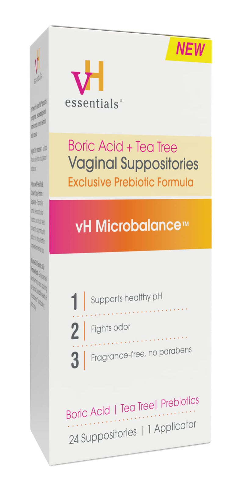 vH essentials Boric Acid + Tea Tree Vaginal Suppositories - Prebiotics Formula with Lactic Acid - PH Balance, Odor Control, Feminine Care - 24 Suppositories + Applicator, White, 2.4 Ounces (5397) Medication - BeesActive Australia
