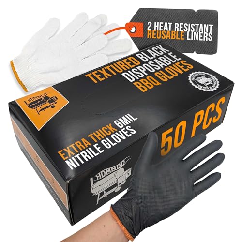 Black Disposable BBQ Grill Gloves Kit - 50 Heavy Duty Textured Grip and 2 Heat Resistant Reusable Liners Meat Pulling Large Full Palm & Finger Texture