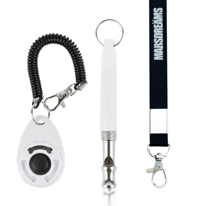 Pet Training Clicker, Whistle -Training Behaviour Aids Accessories for Puppies with Lanyard - Barking Control Device - Long Range Adjustable Frequency - Pack of 3 - White - BeesActive Australia