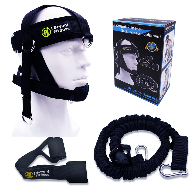 J Bryant Neck Harness Head - Weight Lifting with Resistance Tube Bands - Door Anchor Set Adjustable Neck Training Strap Exercise Equipment Black-M(20"-23")