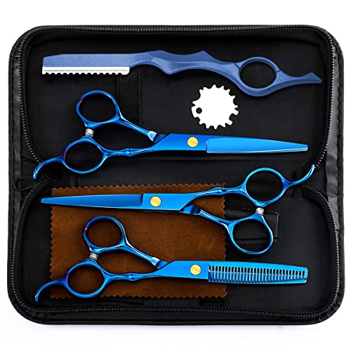 Professional Hair Cutting Scissors Sets Stainless Steel Barber Hairdressing Scissors Multifunctional Salon Thinning Scissors Straight Shears Tools for Men Women Home Use (Blue) Blue