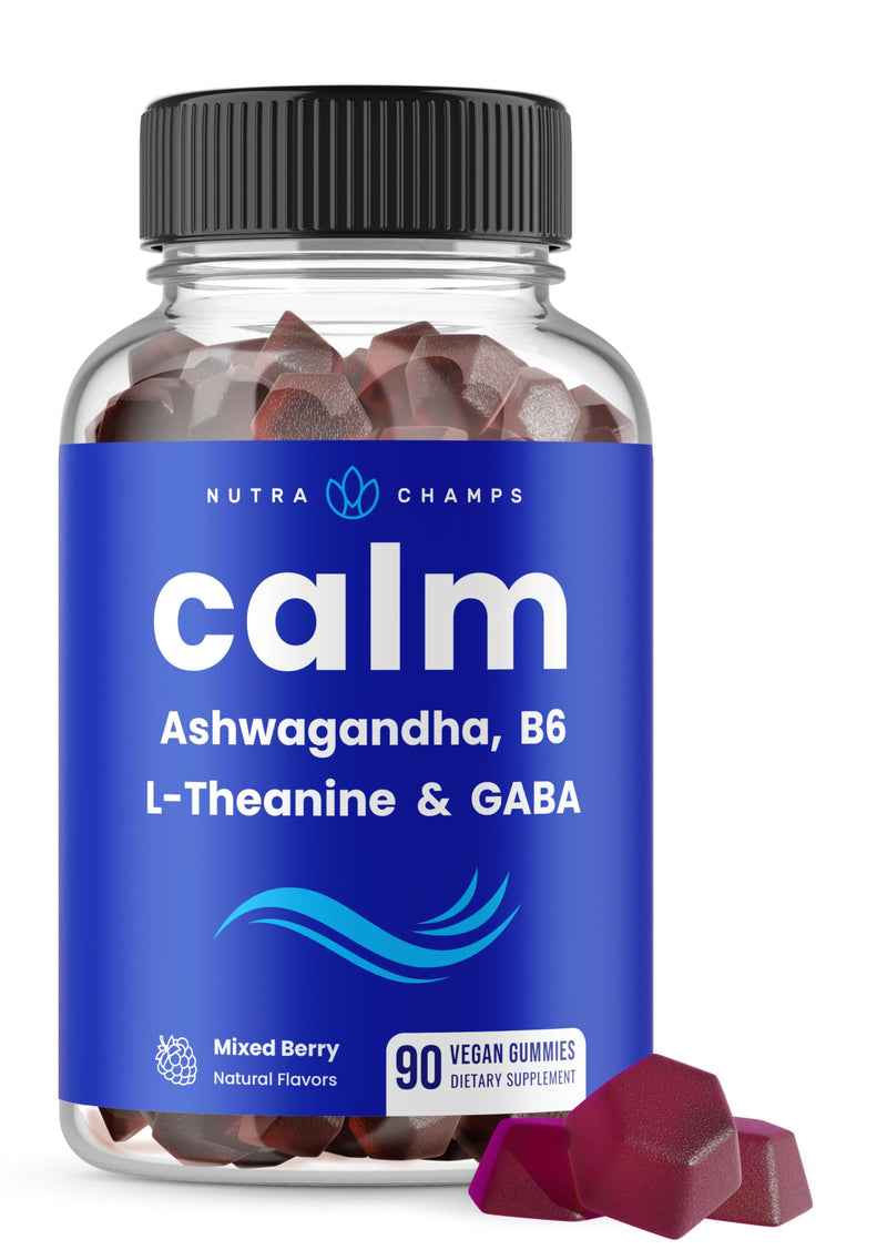 NutraChamps Calm Gummies, Stress Gummies Supplement with Ashwagandha, L-Theanine, GABA, Vitamin B6 & Lemon Balm, Supports Mood, Focus & Stress Relief, Natural Berry, 90 Gummies 90 Count (Pack of 1)