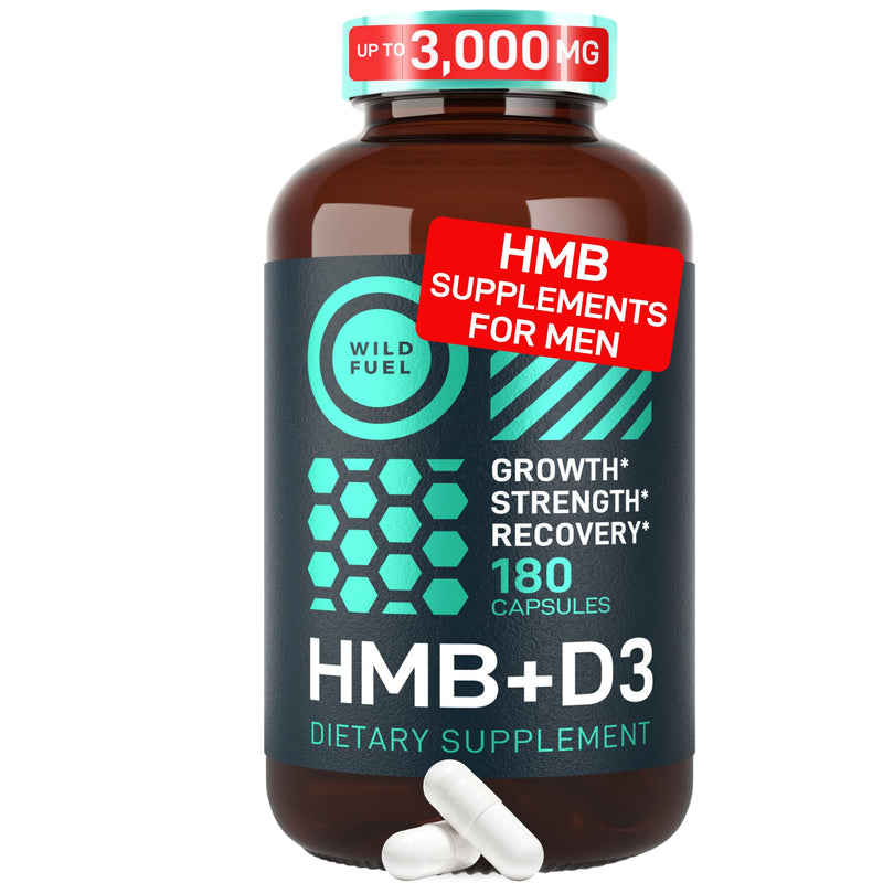 WILD FUEL 3,000mg HMB Supplement Plus Vitamin D3 - Muscle Growth, Strength, Fast Workout Recovery HMB Supplements for Men and Women - Calcium Beta-Hydroxy Beta-Methylbutyrate - 180 Capsules 180 Count (Pack of 1)