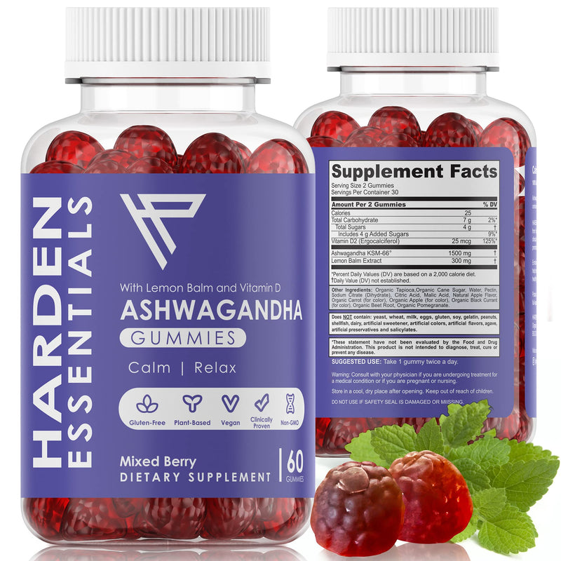 KSM-66 Ashwagandha Gummies 750mg Per Gummy – 1,500mg Per Serving – Stress & Cortisol Support – with Lemon Balm & Vitamin D – 60 Count (30 Day Supply) – Vegan – Harden Essentials