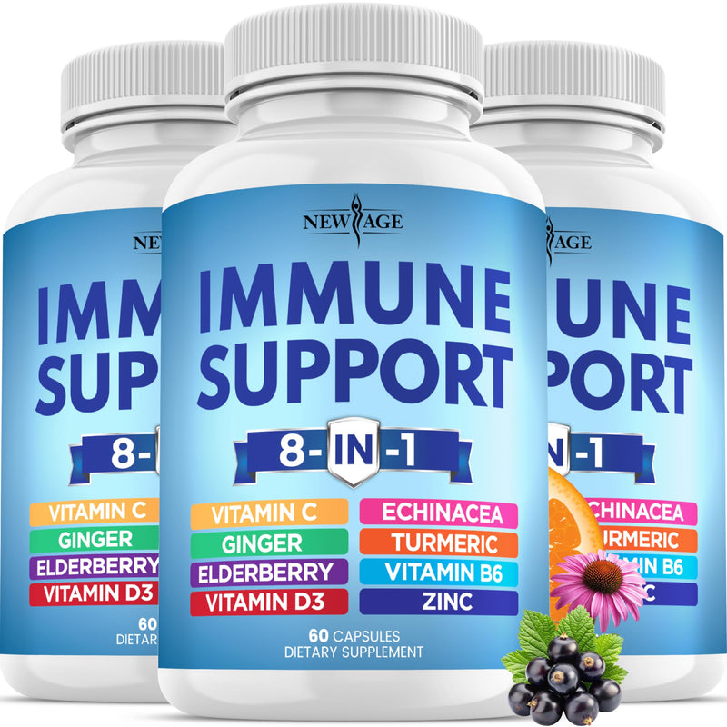 8 in 1 Immune Support Booster Supplement with Echinacea, Vitamin C and Zinc 50mg, Vitamin D 5000 IU, Turmeric Curcumin & Ginger, B6, Elderberry (8 in 1 Capsules (Pack of 3)) 180 Capsules (Pack of 3)