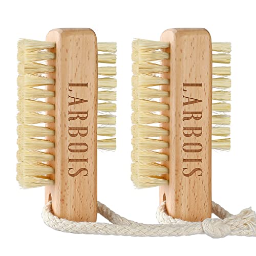Larbois Nail Brush for Cleaning Fingernails, 2Pack Wooden Nail Brushes Fingernail Brush for Cleaning Nail Scrub Brush Two-Sided with Hanging Rope (Beechwood) Natural