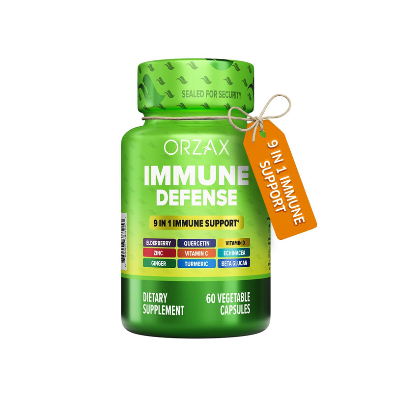 ORZAX 9 in 1 Immune Defense Supplement High Strength Vitamin C & D with Zinc, Quercetin, Turmeric & Ginger, Echinacea Capsules - Herbal Defense for Immune System Support - 60 Veg Capsules 60 Count (Pack of 1)